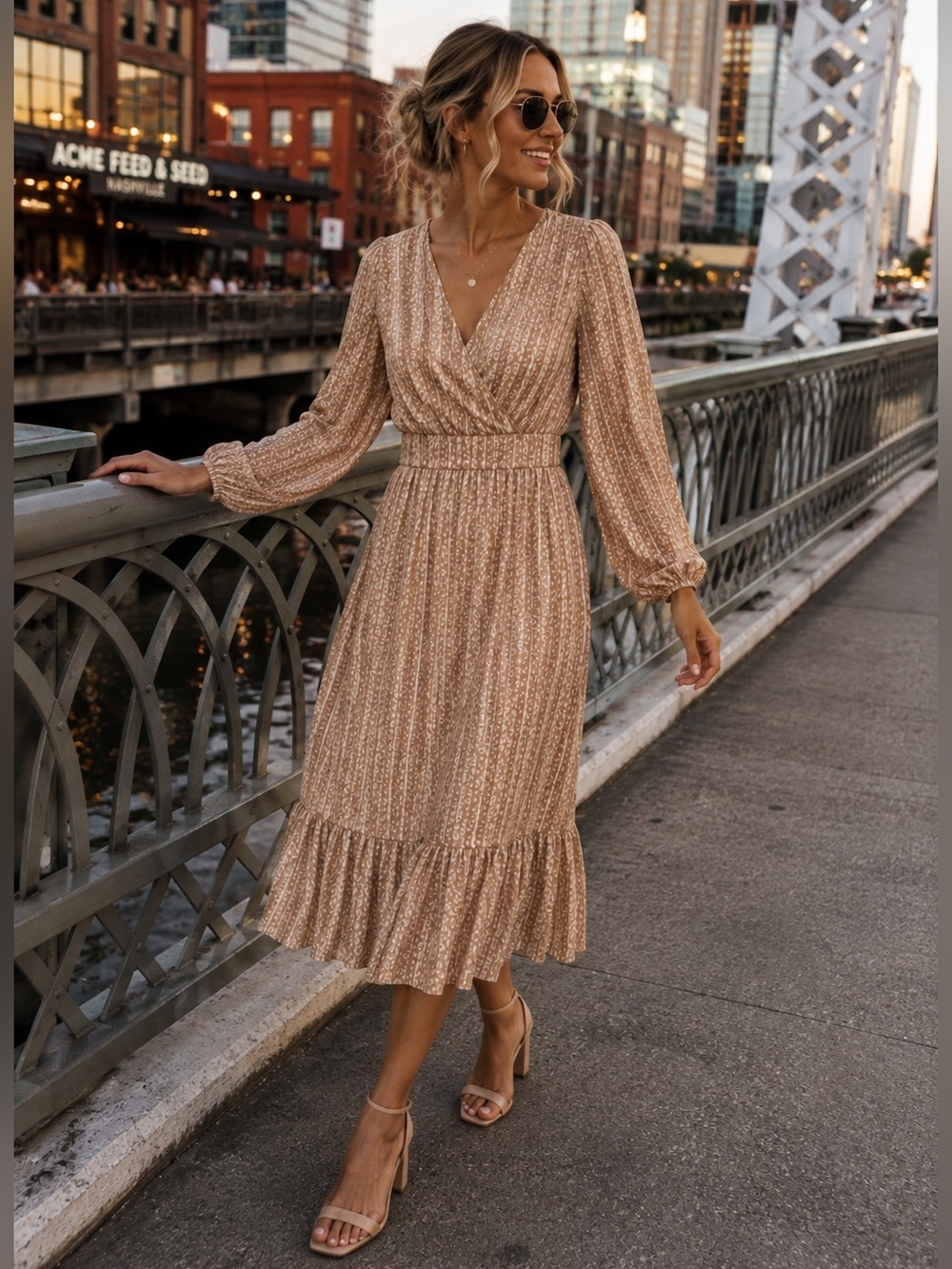 NWT Metallic Champagne Long-Sleeve Midi Dress